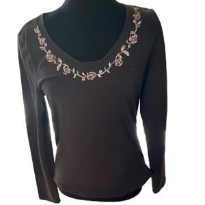Pure Brown Long Sleeve Embroidered Top. Sz M